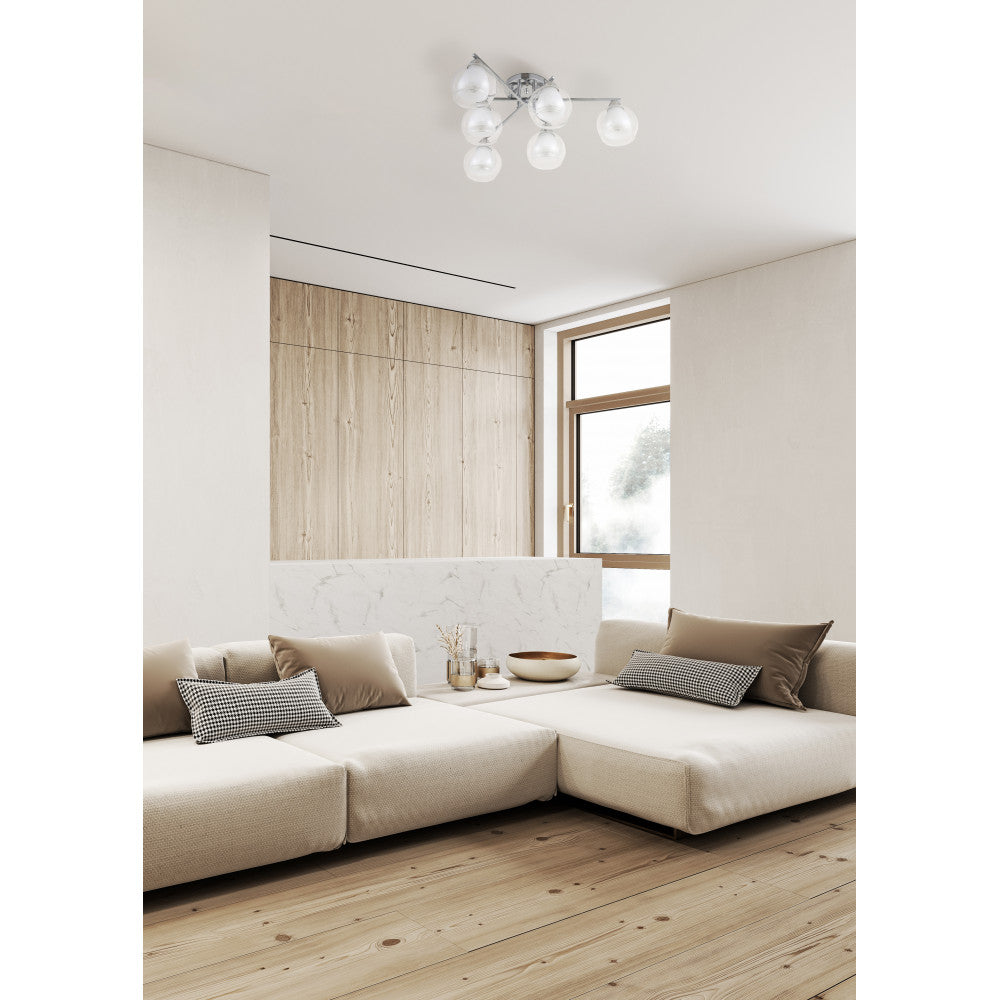 Lámpara Makalu fabricada en metal color cromo con tulipas de cristal transparente y blanco