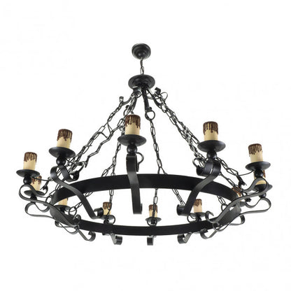 Lámpara Rústica Medieval Negra de 12 luces, vista general. Fabrilamp en luzguru.com