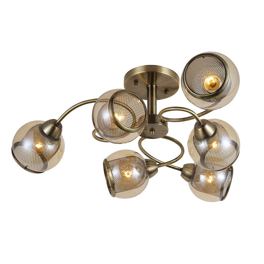 Lámpara Stanley fabricada en metal color cuero con tulipas de cristal ámbar ahumado