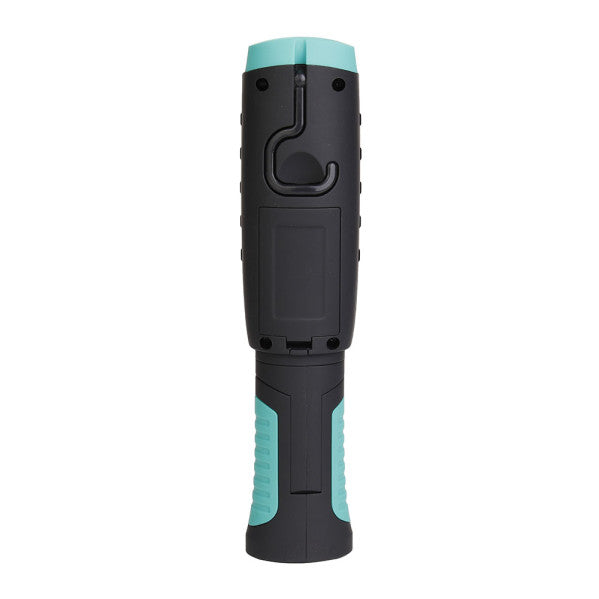 Linterna de Trabajo FOTON LED+COB 320 Lúmenes con Imán y Gancho Negro/Verde Fabrilamp encendida con proyección de luz y ambiente | LuzGurú
