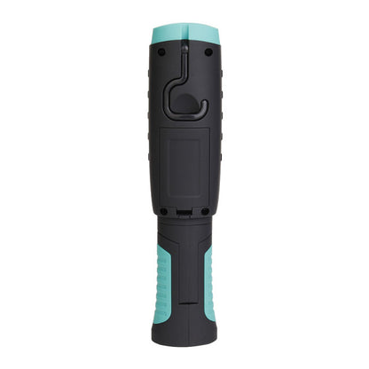 Linterna de Trabajo FOTON LED+COB 320 Lúmenes con Imán y Gancho Negro/Verde Fabrilamp encendida con proyección de luz y ambiente | LuzGurú