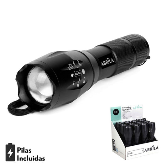 Linterna LED Centello Negra de Fabrilamp, vista frontal mostrando los 5 modos de iluminación.