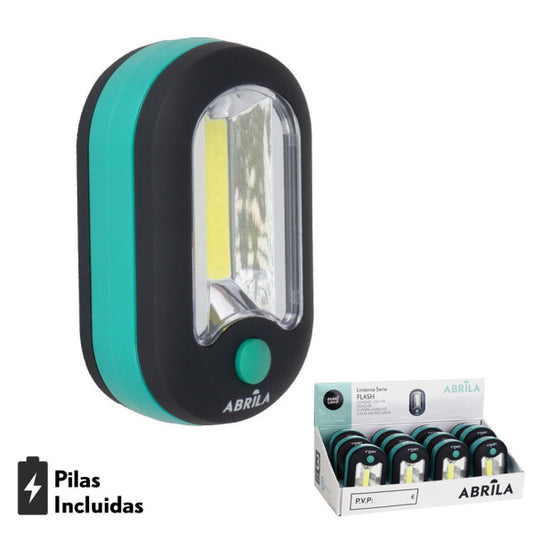 Linterna LED COB Flash Negra/Verde con gancho e imán, 200 lúmenes, vista frontal.