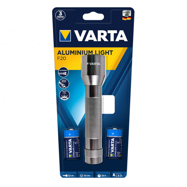 Linterna LED Varta de aluminio, vista frontal. Pilas incluidas.