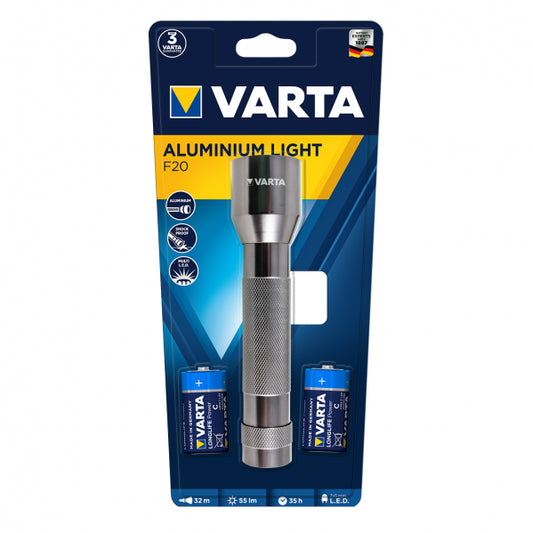 Linterna LED Varta de aluminio, vista frontal. Pilas incluidas.