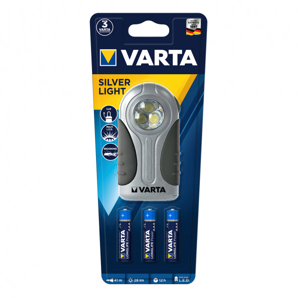 Linterna LED Varta Gris, vista frontal, mostrando su diseño compacto y elegante.