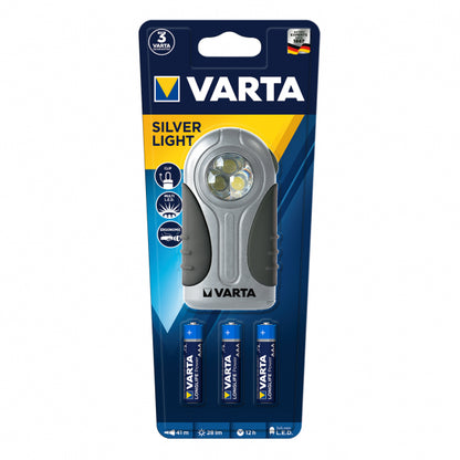 Linterna LED Varta Gris, vista frontal, mostrando su diseño compacto y elegante.