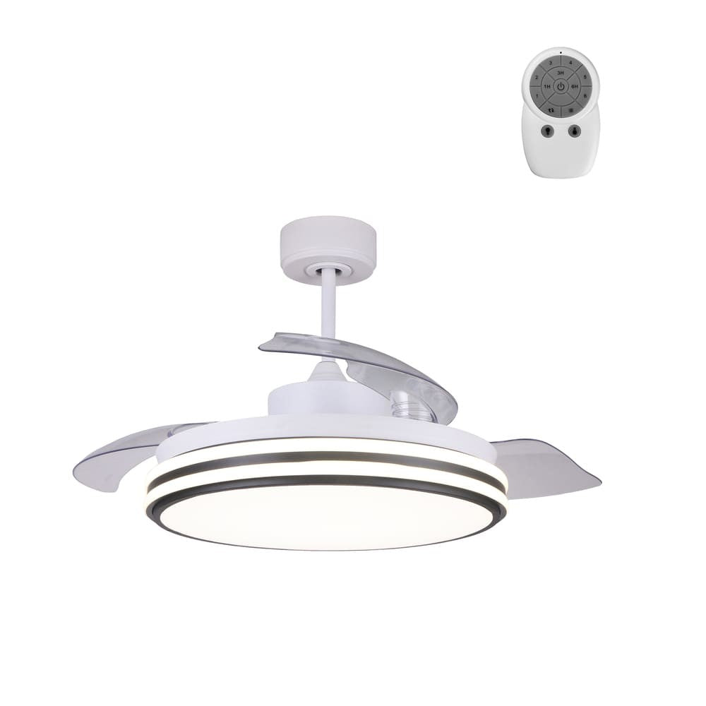 Ventilador Louis fabricado en acero color blanco con palas de ABS transparente