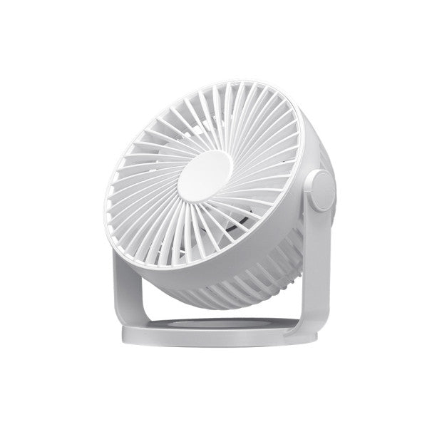 Vista detallada del mini ventilador Bretaña blanco mostrando sus 5 aspas y diseño compacto.