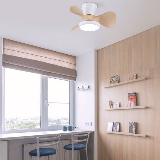 Ventilador de techo Moll fabricado en metal color blanco con aspas de madera natural