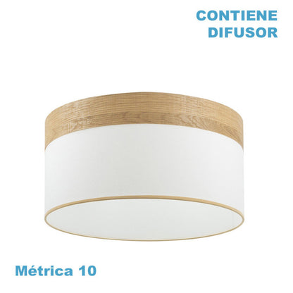 Pantalla colgante Cloe M10 blanca y madera clara, vista frontal. Iluminación moderna para tu hogar.