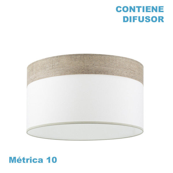 Pantalla colgante Cloe M10 blanca y madera gris, vista frontal.