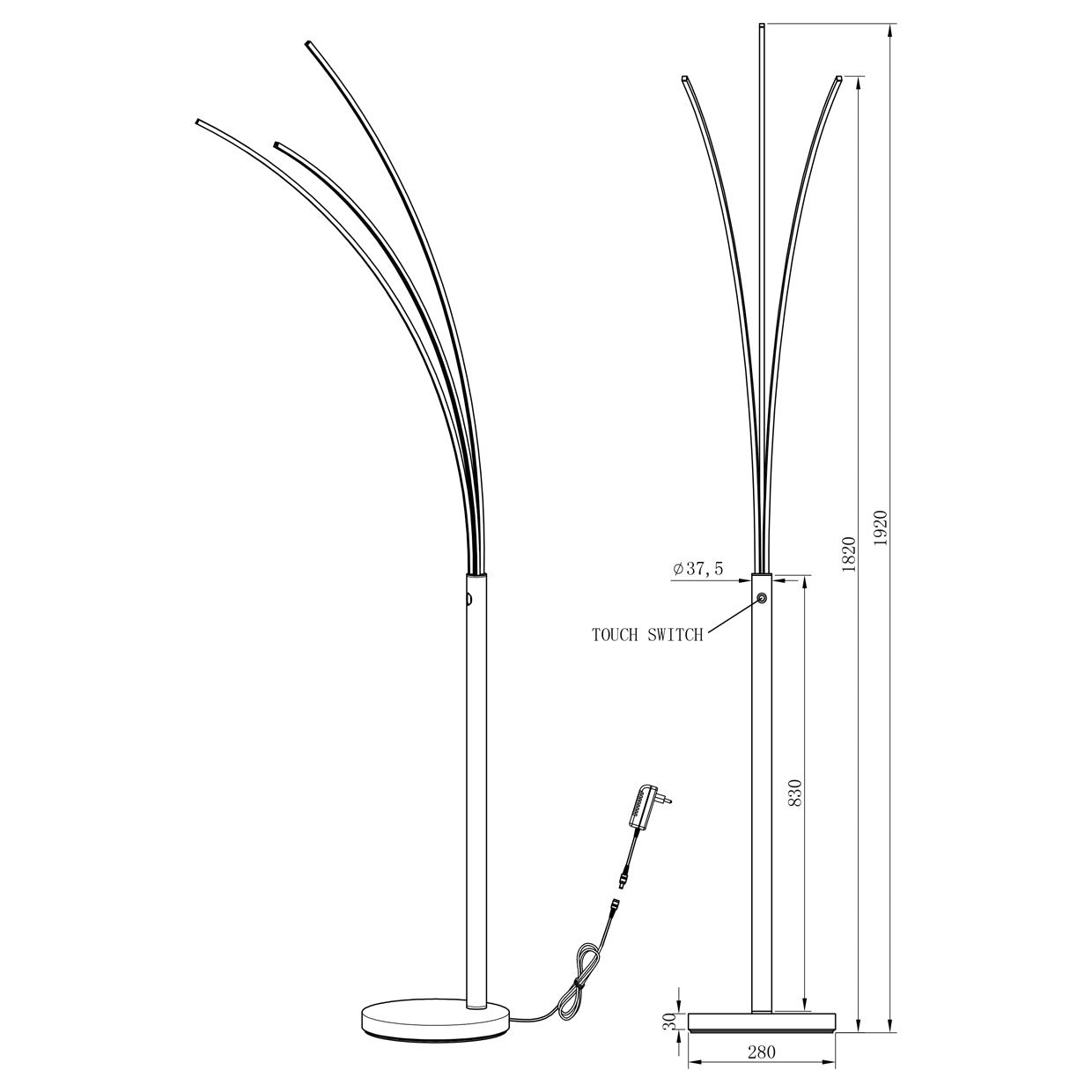 Pie de salón ELAZ Negro LED 18W AJP/Alemar (Ref. 11608): Dimensiones detalladas. Iluminación moderna y eficiente para tu salón.  Luzguru.com
