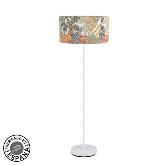 Pie de salón Etiopía blanco/estampado de Fabrilamp, vista frontal. Iluminación elegante para tu hogar.