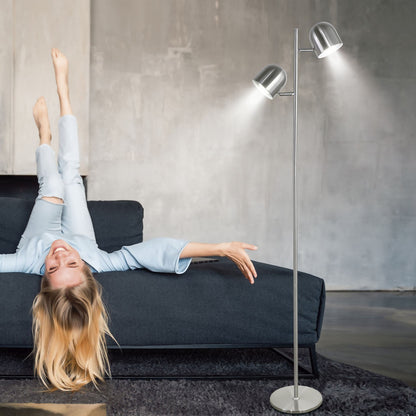 Medidas del pie de salón Baptiste Ref. 10892 de AJP/Alemar.  Pie de salón con dos luces orientables, níquel satinado. LuzGuru.
