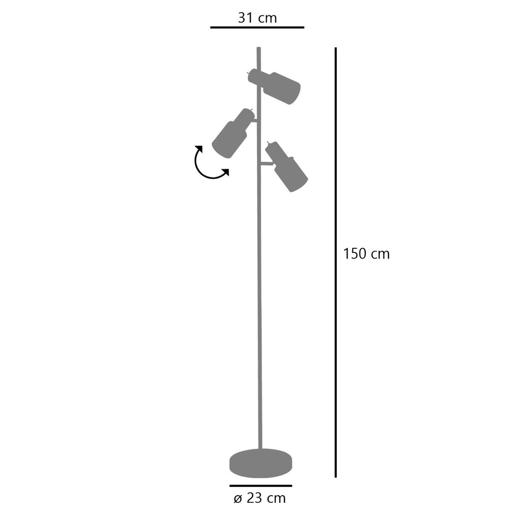 Lámpara pie salón Maena Negra AJP/Alemar (Ref. 10896): Dimensiones detalladas. Ilumina tu salón con estilo y 3 luces orientables. Compra online en luzguru.com
