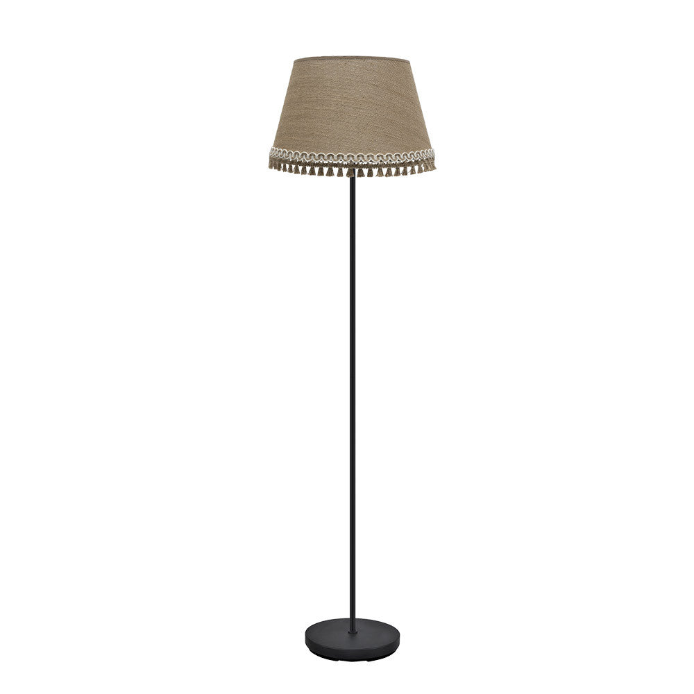 Lámpara de pie Fabrilamp Ada con estructura metálica negra y pantalla de tela de saco arena