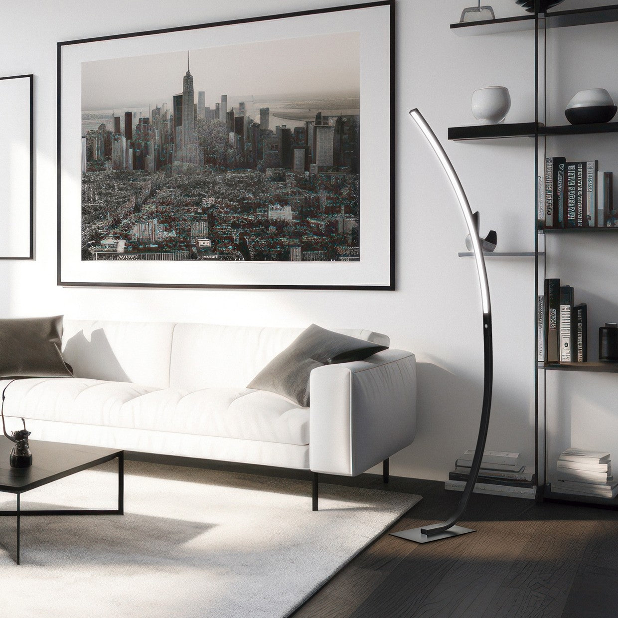 Pie de salón LED Apolo Negro Mate AJP/Alemar (Ref. 11113) - Dimensiones: [Insertar dimensiones aquí]. Iluminación elegante y funcional para tu salón. Luzguru.com
