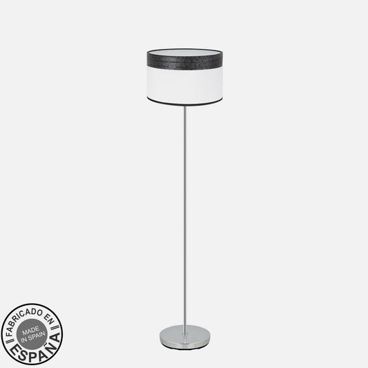 Lámpara Cloe fabricada en metal cromado y textil color madera negra y blanco
