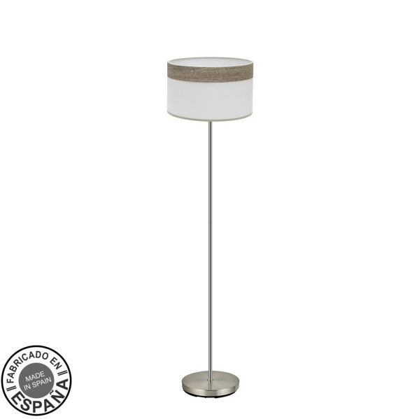 Pie de salón Cloe de Fabrilamp, color Níquel/Blanco-Madera Gris, diseño moderno y elegante para iluminar tu salón.