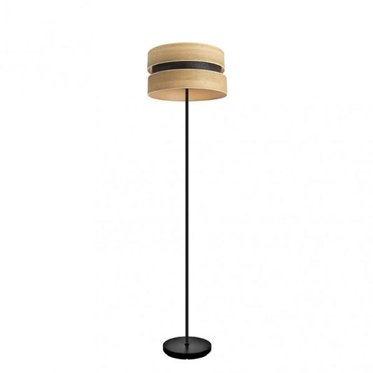 Pie de salón Colet de Fabrilamp, diseño moderno en negro y madera clara. Iluminación elegante para tu hogar.