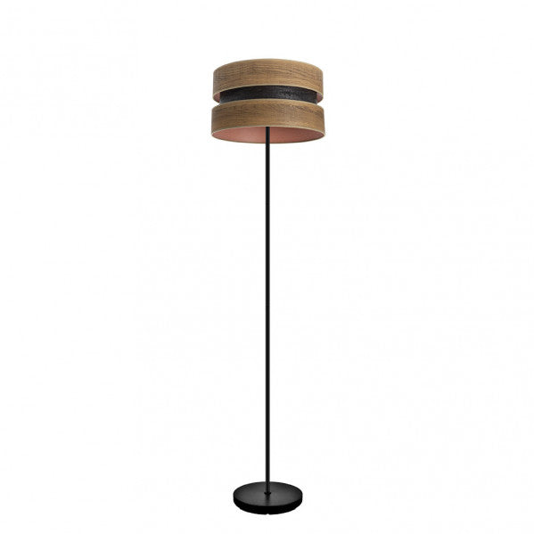 Pie de salón Colet de Fabrilamp, diseño moderno en negro y madera oscura. Iluminación ambiente para tu salón.