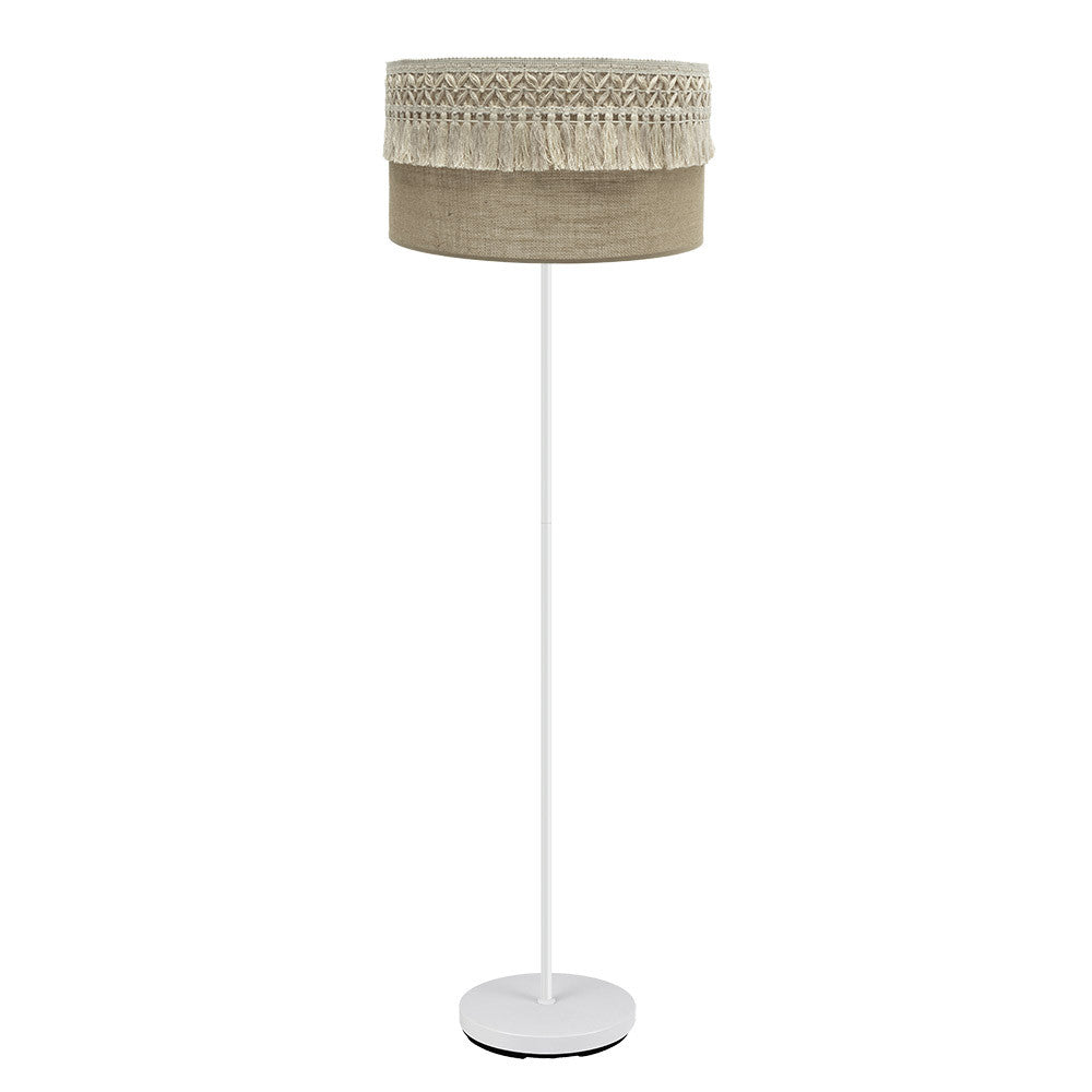 Lámpara de pie Ekaterina de Fabrilamp / Abrila, modelo 188241001 con pantalla de saco blanco y pasamanería beis