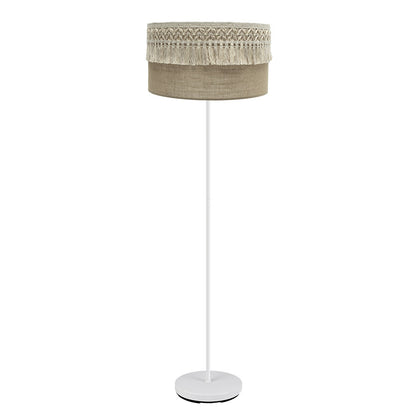 Lámpara de pie Ekaterina de Fabrilamp / Abrila, modelo 188241001 con pantalla de saco blanco y pasamanería beis
