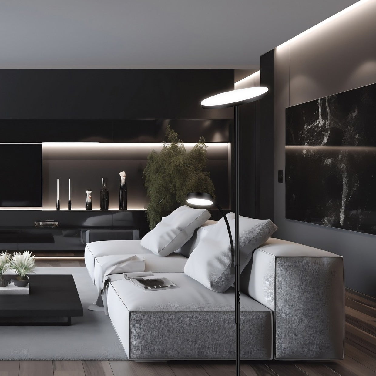 Pie de salón LED Elton Negro AJP/Alemar (Ref. 11331): Dimensiones detalladas. Iluminación elegante y eficiente para tu hogar.  Compra en luzguru.com
