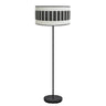 Pie de salón Ivanna de Fabrilamp, estructura metal negro con pantalla textil blanca y madera negra