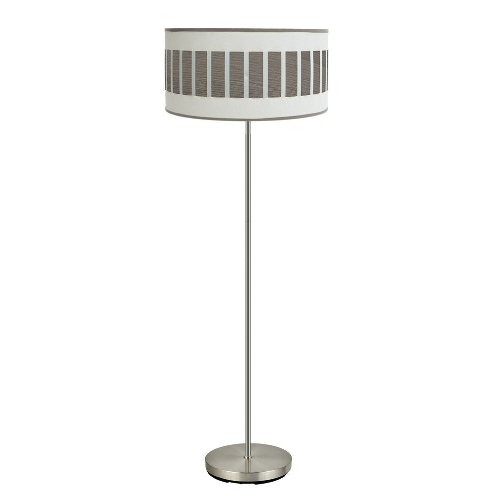 Pie de Salón Ivanna de Fabrilamp/Abrila con acabado níquel y pantalla blanca/madera gris, SKU 188441083