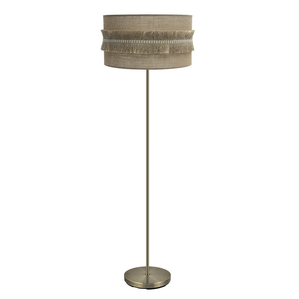 Lámpara de pie Kala de Fabrilamp/Abrila, cuerpo de cuero y pantalla de saco con flecos, SKU 186741014