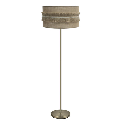 Lámpara de pie Kala de Fabrilamp/Abrila, cuerpo de cuero y pantalla de saco con flecos, SKU 186741014