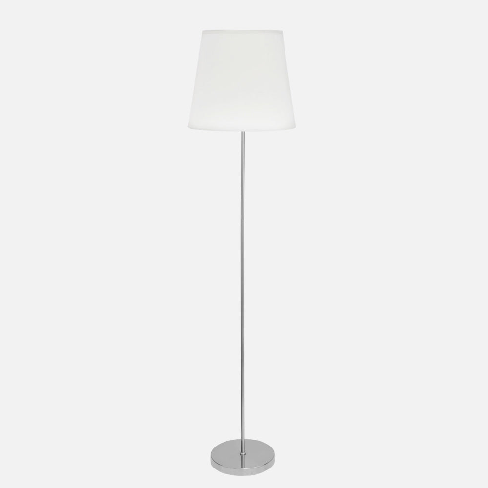 Lámpara de pie Maldivas fabricada en metal color níquel con pantalla textil blanca