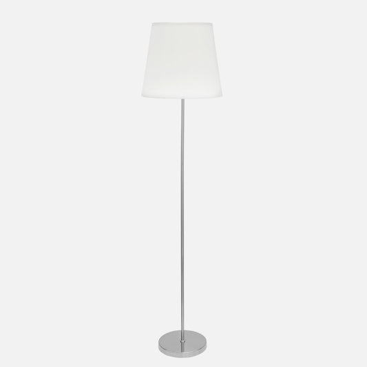 Lámpara de pie Maldivas fabricada en metal color níquel con pantalla textil blanca