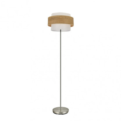 Pie de salón Myriam de Fabrilamp en níquel y madera clara, diseño moderno para iluminar tu hogar. luzguru.com