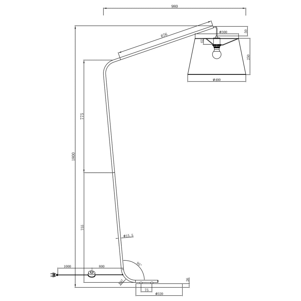 Pie de salón AJP Alemar Talbot 11330: Dimensiones detalladas. Elegante diseño negro, luz cálida para tu hogar. Envío rápido desde LuzGuru.
