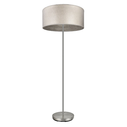 Pie de salón Tania de Fabrilamp/Abrila con estructura níquel y pantalla madera gris, SKU 188341083