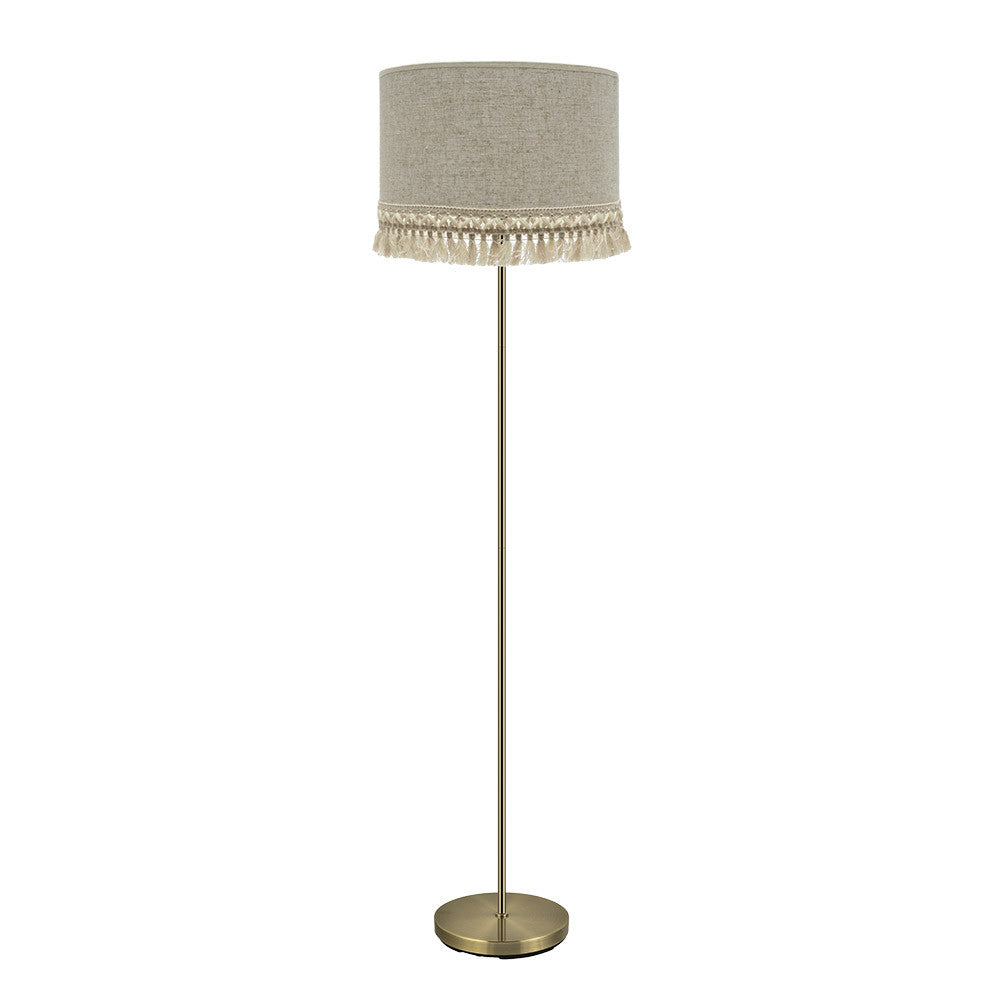 Pie de Salón Vera de Fabrilamp / Abrila en cuero beige con pantalla de lino rayado