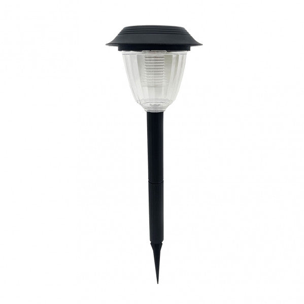 Pincho solar Kira negro de Fabrilamp, iluminación exterior LED de 50 lúmenes, IP65, ideal para jardín o patio.