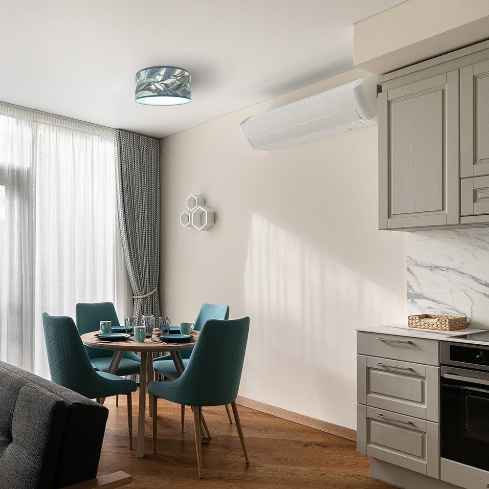 Plafón Argel fabricado en metal con pantalla textil color azul