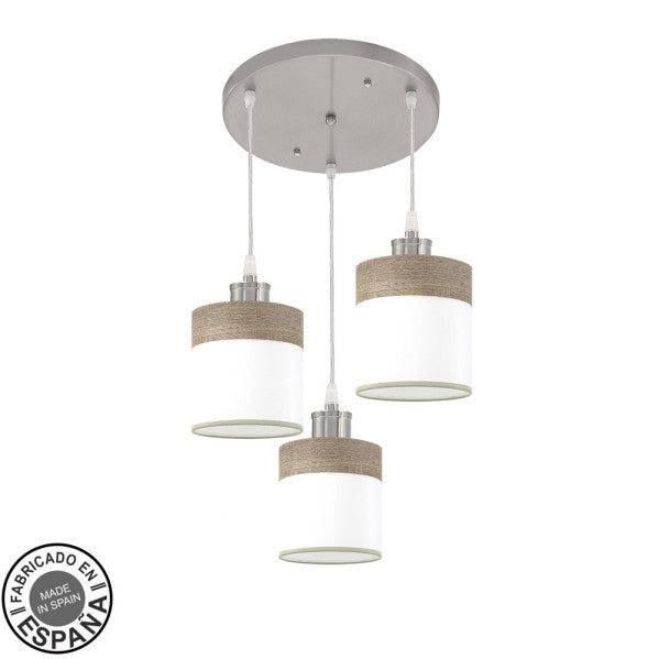 Plafón Cloe 3xE27 Níquel/Blanco-Madera Gris de Fabrilamp. Diseño moderno y elegante para iluminar tu hogar.