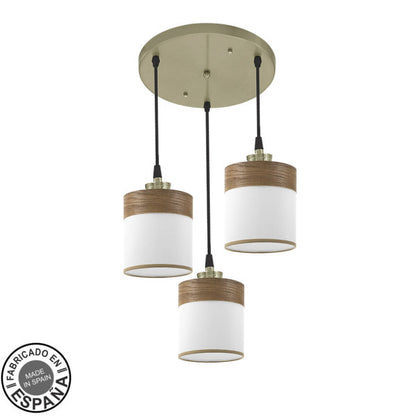 Plafón Cloe 3xE27 Cuero/Blanco-Madera Oscura de Fabrilamp. Diseño moderno y elegante para iluminar tu hogar.