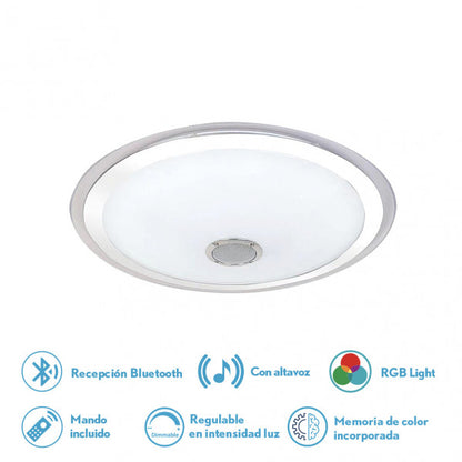 Plafón Magallanes 48W LED Bluetooth RGB, vista frontal en blanco y cromo.