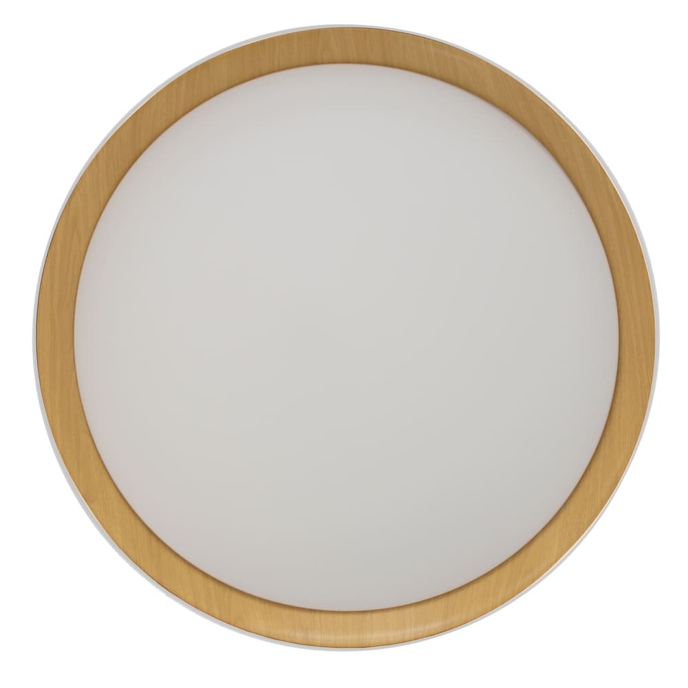 Plafón Lea fabricado en aluminio color blanco y madera, con difusor de policarbonato