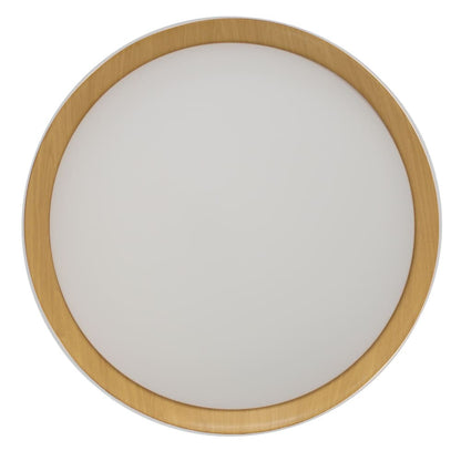 Plafón Lea fabricado en aluminio color blanco y madera, con difusor de policarbonato