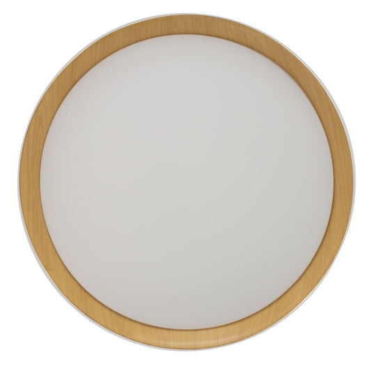 Plafón Lea fabricado en aluminio color blanco y madera, con difusor de policarbonato