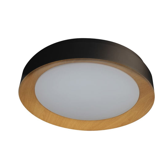 Plafón Lili fabricado en aluminio color negro con detalles en madera