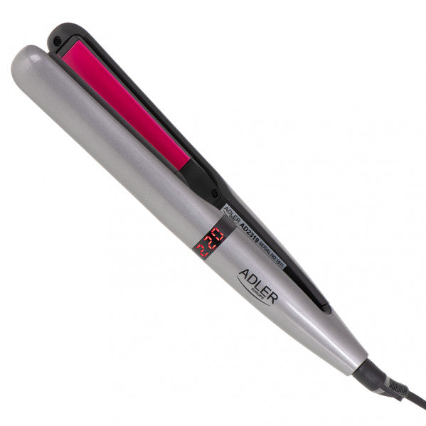 Detalles de la Plancha de Pelo de Cerámica Fabrilamp/Abrila P015AD2319: Placas de cerámica, 250W, 5 ajustes de temperatura, cable giratorio 360º, diseño ergonómico, color cromo/berenjena. Alisado y rizado seguro.  Luzgurú.
