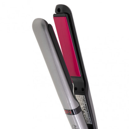 Detalles de la Plancha de Pelo de Cerámica Fabrilamp/Abrila P015AD2319: Placas de cerámica, 250W, 5 ajustes de temperatura, cable giratorio 360º, diseño ergonómico, color cromo/berenjena. Alisado y rizado seguro.  LUZGURÚ.
